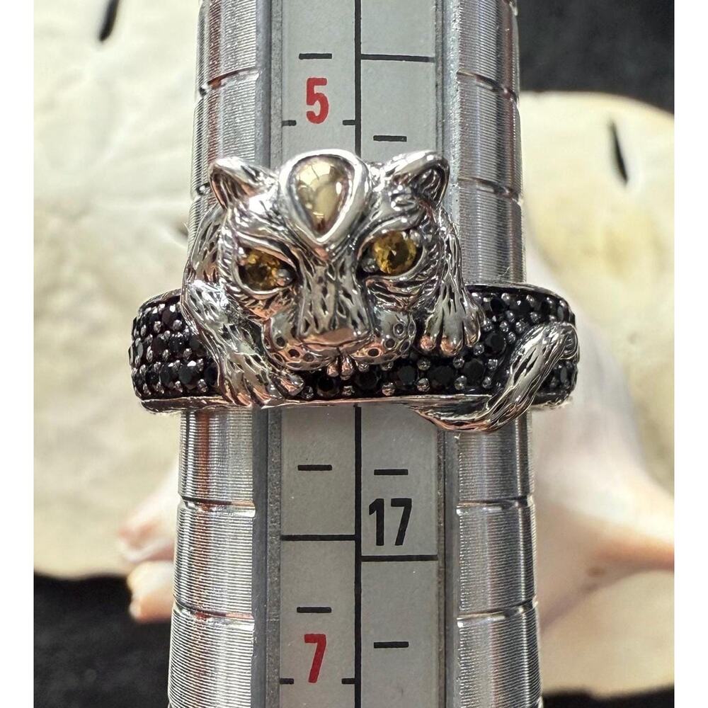 John Hardy Silver Leopard Cat Ring with Citrine Eyes and Black Diamonds - Picture 6 of 7